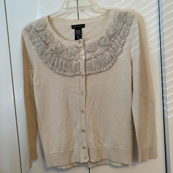 New York & Company Sweaters - New York and Co. Ivory Floral Embellished Cardigan